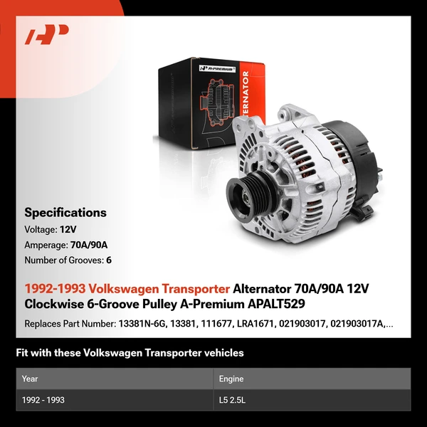1992-1993 Volkswagen Transporter Alternator 70A/90A 12V Clockwise 6-Groove Pulley A-Premium APALT529