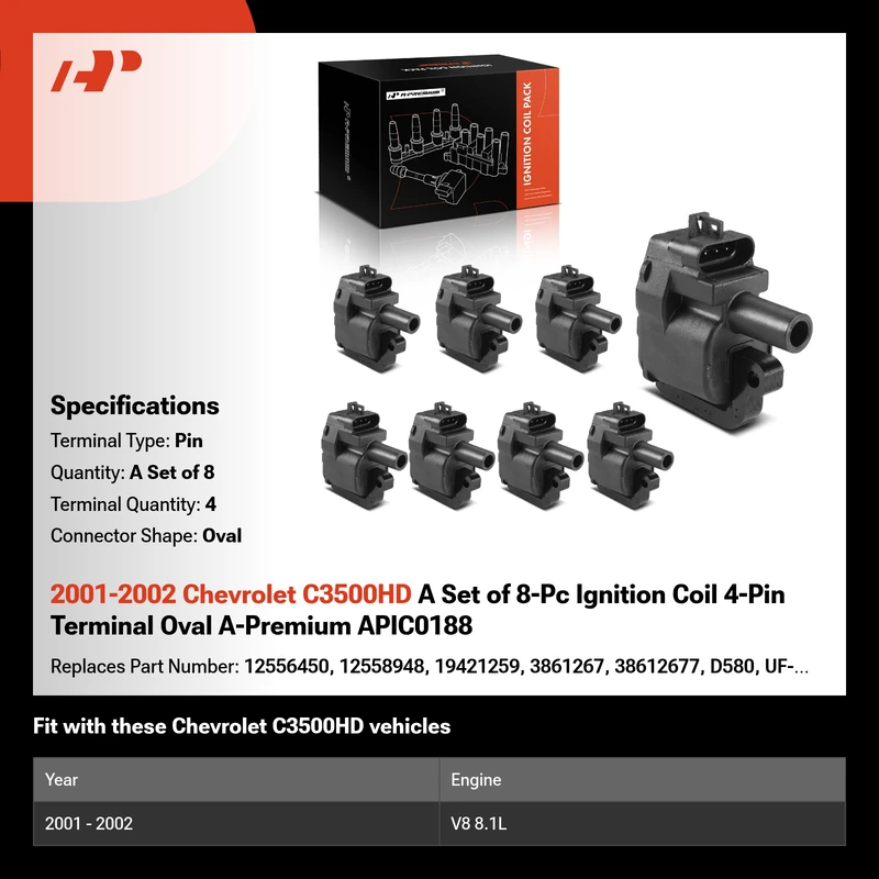 2001-2002 Chevrolet C3500HD A Set of 8-Pc Ignition Coil 4-Pin Terminal Oval A-Premium APIC0188