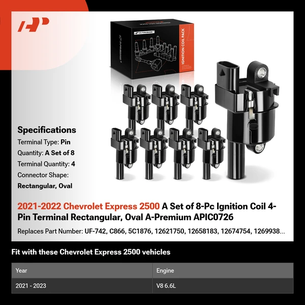 2021-2022 Chevrolet Express 2500 A Set of 8-Pc Ignition Coil 4-Pin Terminal Rectangular, Oval A-Premium APIC0726