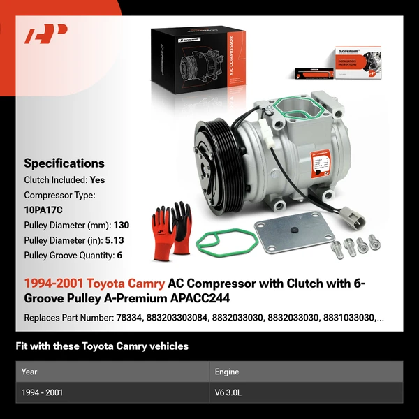 1994-2001 Toyota Camry AC Compressor with Clutch with 6-Groove Pulley A-Premium APACC244