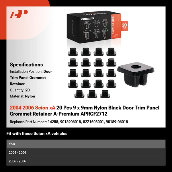 2004 2006 Scion xA 20 Pcs 9 x 9mm Nylon Black Door Trim Panel Grommet Retainer A-Premium APRCF2712