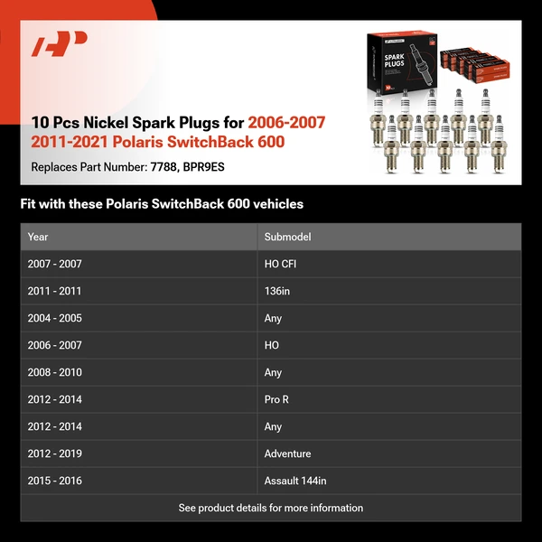 10 Pcs Nickel Spark Plugs for 2006-2007 2011-2021 Polaris SwitchBack 600