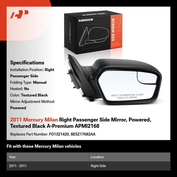 2011 Mercury Milan Right Passenger Side Mirror, Powered, Textured Black A-Premium APMI2168
