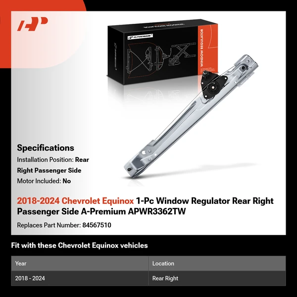 2018-2024 Chevrolet Equinox 1-Pc Window Regulator Rear Right Passenger Side A-Premium APWR3362TW