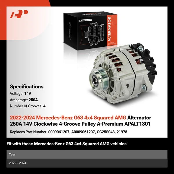 2022-2024 Mercedes-Benz G63 4x4 Squared AMG Alternator 250A 14V Clockwise 4-Groove Pulley A-Premium APALT1301