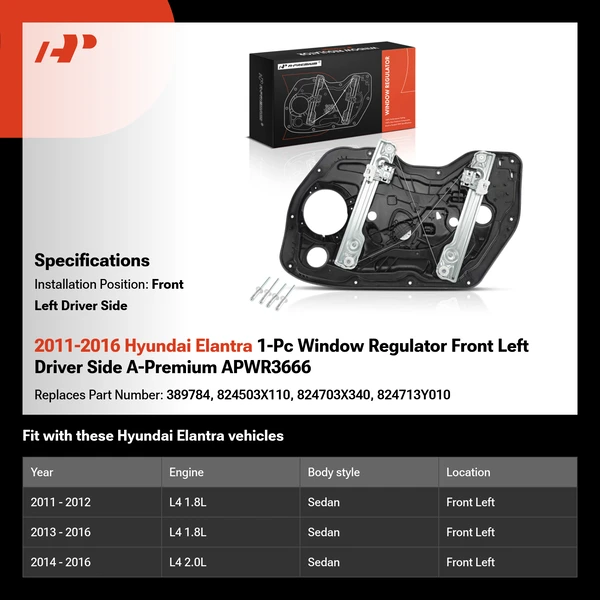 2011-2016 Hyundai Elantra 1-Pc Window Regulator Front Left Driver Side A-Premium APWR3666