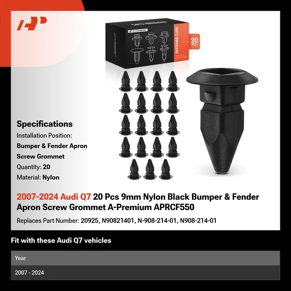 2007-2024 Audi Q7 20 Pcs 9mm Nylon Black Bumper & Fender Apron Screw Grommet A-Premium APRCF550
