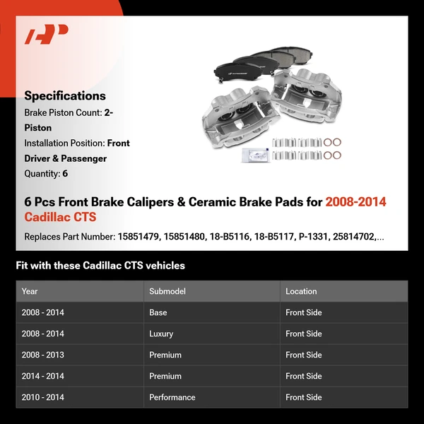 6 Pcs Front Brake Calipers & Ceramic Brake Pads for 2008-2014 Cadillac CTS