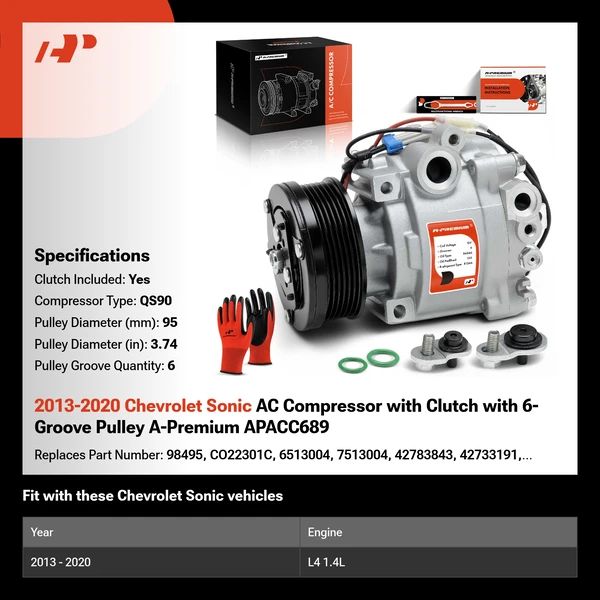 2013-2020 Chevrolet Sonic AC Compressor with Clutch with 6-Groove Pulley A-Premium APACC689