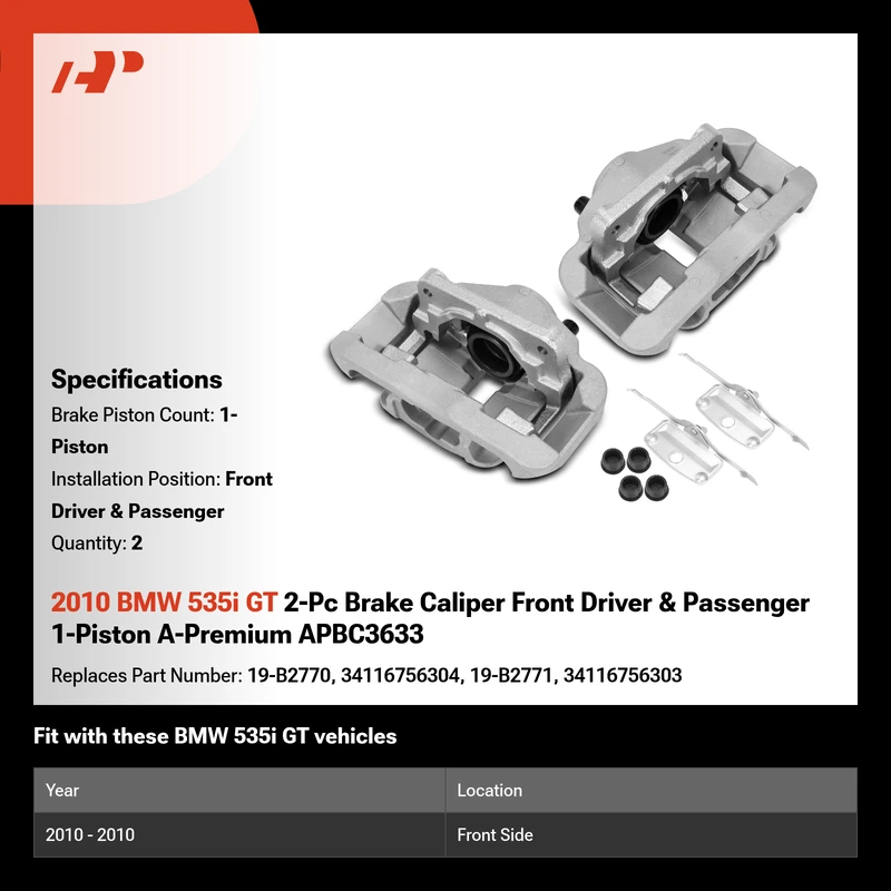 2010 BMW 535i GT 2-Pc Brake Caliper Front Driver & Passenger 1-Piston A-Premium APBC3633
