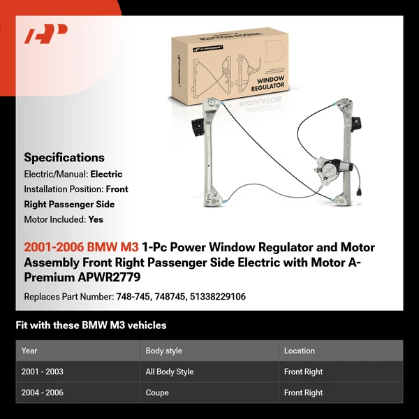 2001-2006 BMW M3 1-Pc Power Window Regulator and Motor Assembly Front Right Passenger Side Electric with Motor A-Premium APWR2779