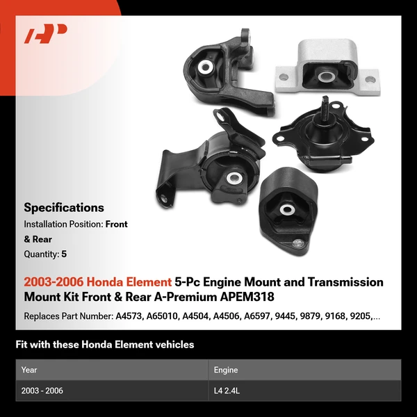 2003-2006 Honda Element 5-Pc Engine Mount and Transmission Mount Kit Front & Rear A-Premium APEM318