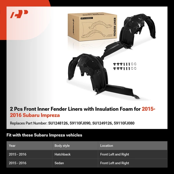 2 Pcs Front Inner Fender Liners with Insulation Foam for 2015-2016 Subaru Impreza