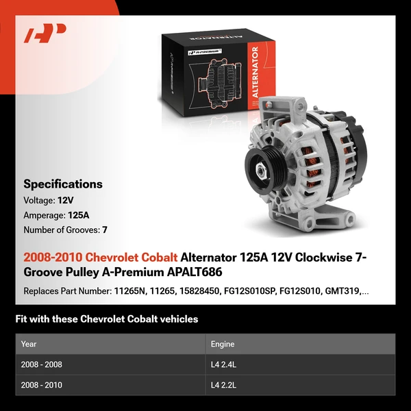 2008-2010 Chevrolet Cobalt Alternator 125A 12V Clockwise 7-Groove Pulley A-Premium APALT686