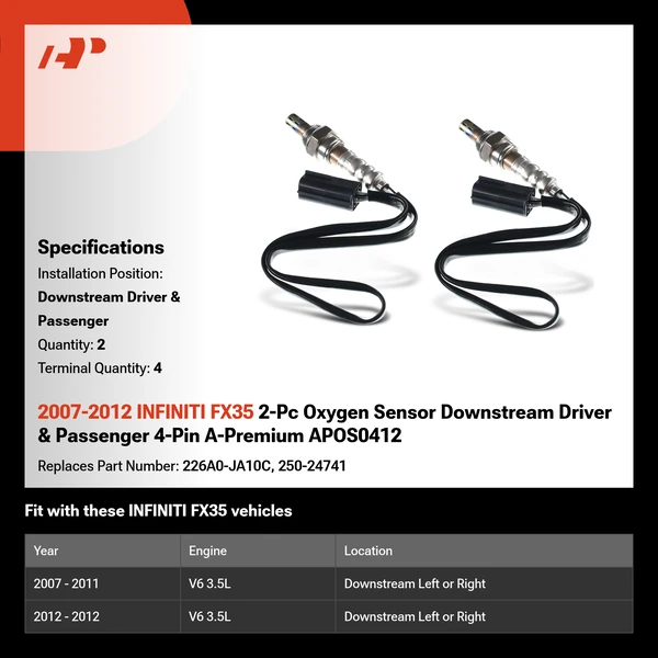 2007-2012 INFINITI FX35 2-Pc Oxygen Sensor Downstream Driver & Passenger 4-Pin A-Premium APOS0412