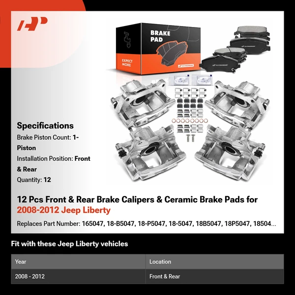 12 Pcs Front & Rear Brake Calipers & Ceramic Brake Pads for 2008-2012 Jeep Liberty