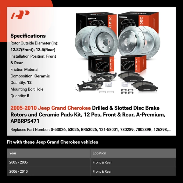 2005-2010 Jeep Grand Cherokee Drilled & Slotted Disc Brake Rotors and Ceramic Pads Kit, 12 Pcs, Front & Rear, A-Premium, APBRPS471
