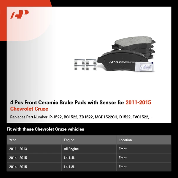4 Pcs Front Ceramic Brake Pads with Sensor for 2011-2015 Chevrolet Cruze