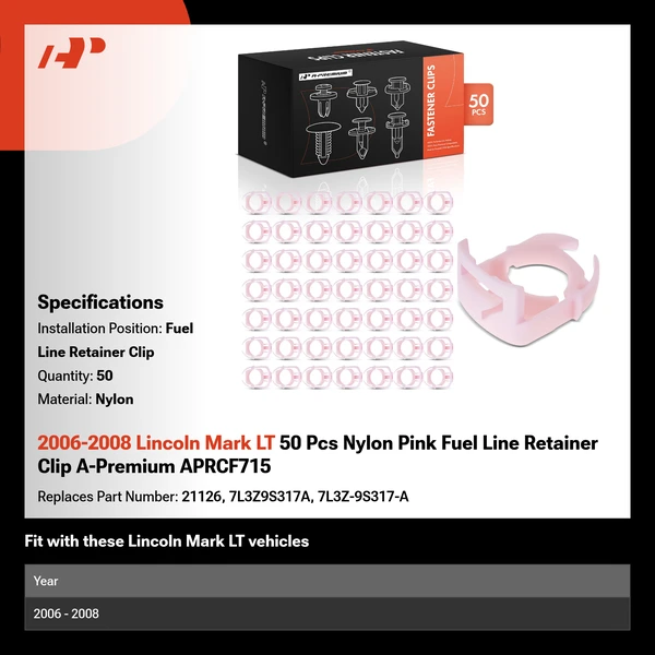 2006-2008 Lincoln Mark LT 50 Pcs Nylon Pink Fuel Line Retainer Clip A-Premium APRCF715