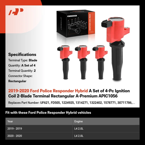 2019-2020 Ford Police Responder Hybrid A Set of 4-Pc Ignition Coil 2-Blade Terminal Rectangular A-Premium APIC1056