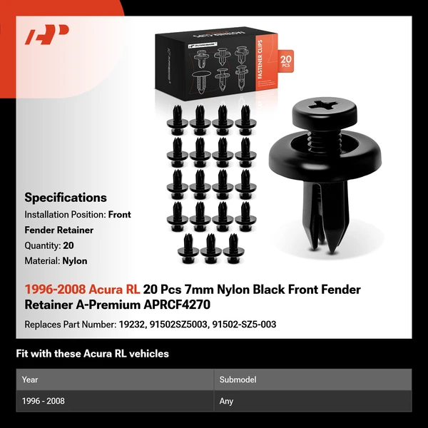 1996-2008 Acura RL 20 Pcs 7mm Nylon Black Front Fender Retainer A-Premium APRCF4270