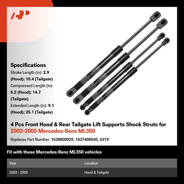 4 Pcs Front Hood & Rear Tailgate Lift Supports Shock Struts for 2003-2005 Mercedes-Benz ML350