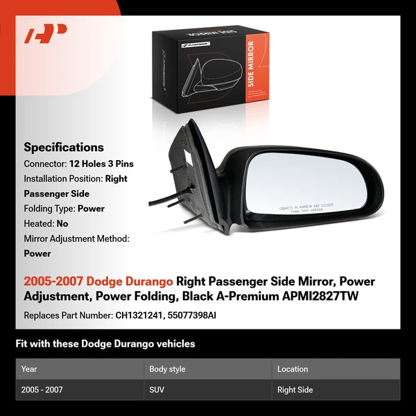 2005-2007 Dodge Durango Right Passenger Side Mirror, Power Adjustment, Power Folding, Black A-Premium APMI2827TW