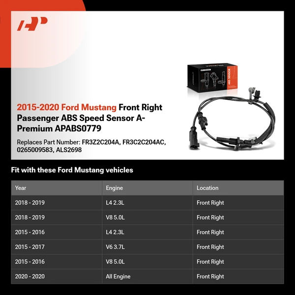2015-2020 Ford Mustang Front Right Passenger ABS Speed Sensor A-Premium APABS0779