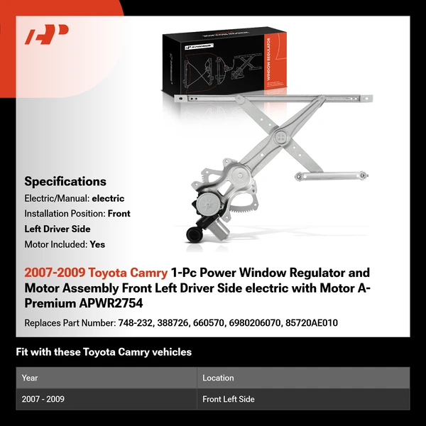 2007-2009 Toyota Camry 1-Pc Power Window Regulator and Motor Assembly Front Left Driver Side electric with Motor A-Premium APWR2754