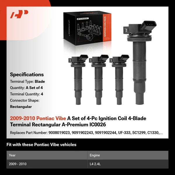 2009-2010 Pontiac Vibe A Set of 4-Pc Ignition Coil 4-Blade Terminal Rectangular A-Premium IC0026