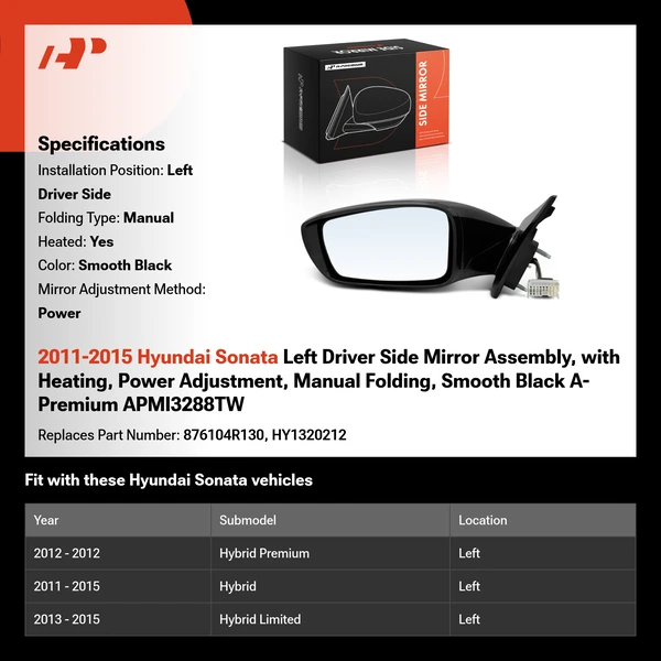 2011-2015 Hyundai Sonata Left Driver Side Mirror Assembly, with Heating, Power Adjustment, Manual Folding, Smooth Black A-Premium APMI3288TW