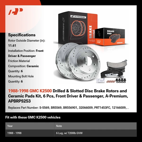 1988-1998 GMC K2500 Drilled & Slotted Disc Brake Rotors and Ceramic Pads Kit, 6 Pcs, Front Driver & Passenger, A-Premium, APBRPS253