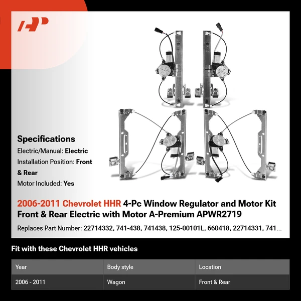2006-2011 Chevrolet HHR 4-Pc Window Regulator and Motor Kit Front & Rear Electric with Motor A-Premium APWR2719