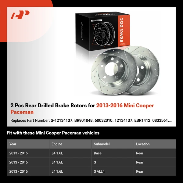 2 Pcs Rear Drilled Brake Rotors for 2013-2016 Mini Cooper Paceman