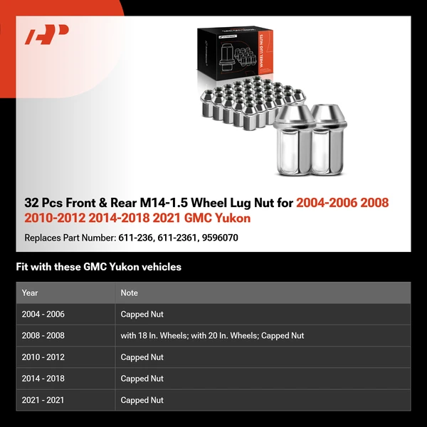 32 Pcs Front & Rear M14-1.5 Wheel Lug Nut for 2004-2006 2008 2010-2012 2014-2018 2021 GMC Yukon