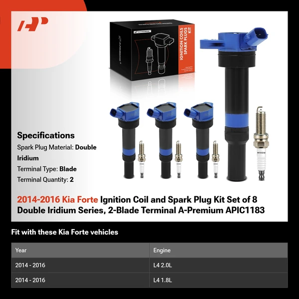 2014-2016 Kia Forte Ignition Coil and Spark Plug Kit Set of 8 Double Iridium Series, 2-Blade Terminal A-Premium APIC1183
