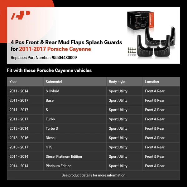 4 Pcs Front & Rear Mud Flaps Splash Guards for 2011-2017 Porsche Cayenne