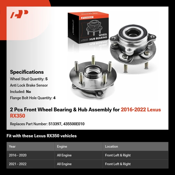 2 Pcs Front Wheel Bearing & Hub Assembly for 2016-2022 Lexus RX350