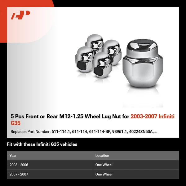 5 Pcs Front or Rear M12-1.25 Wheel Lug Nut for 2003-2007 Infiniti G35
