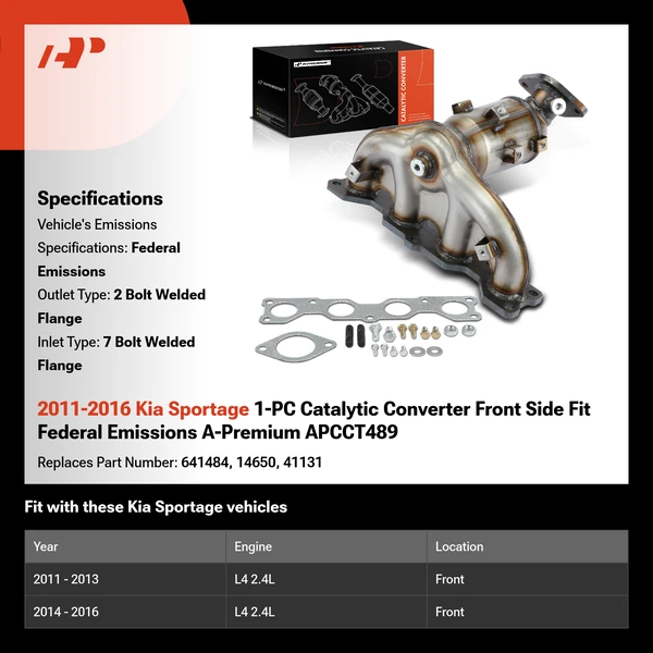 2011-2016 Kia Sportage 1-PC Catalytic Converter Front Side Fit Federal Emissions A-Premium APCCT489