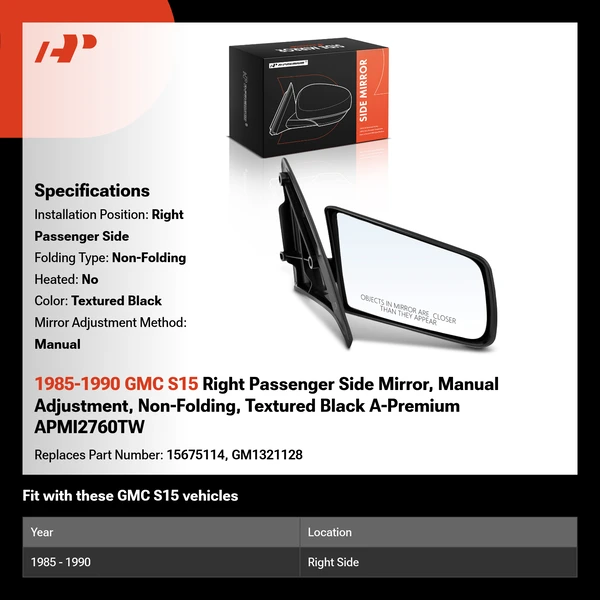 1985-1990 GMC S15 Right Passenger Side Mirror, Manual Adjustment, Non-Folding, Textured Black A-Premium APMI2760TW