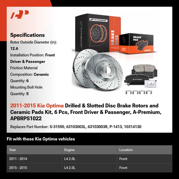 2011-2015 Kia Optima Drilled & Slotted Disc Brake Rotors and Ceramic Pads Kit, 6 Pcs, Front Driver & Passenger, A-Premium, APBRPS1022