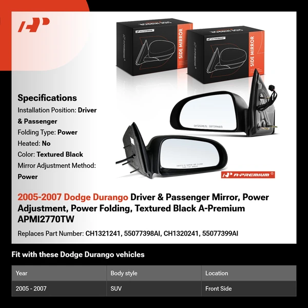 2005-2007 Dodge Durango Driver & Passenger Mirror, Power Adjustment, Power Folding, Textured Black A-Premium APMI2770TW