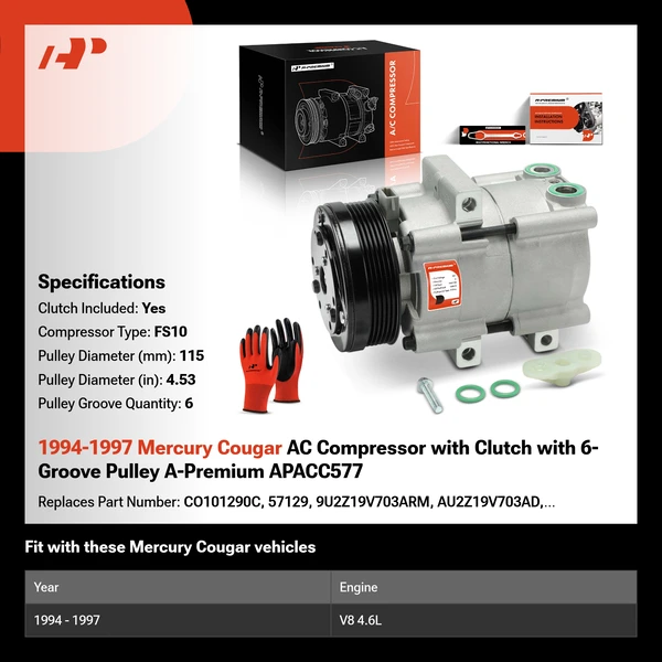 1994-1997 Mercury Cougar AC Compressor with Clutch with 6-Groove Pulley A-Premium APACC577