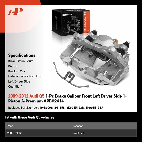 2009-2012 Audi Q5 1-Pc Brake Caliper Front Left Driver Side 1-Piston A-Premium APBC2414