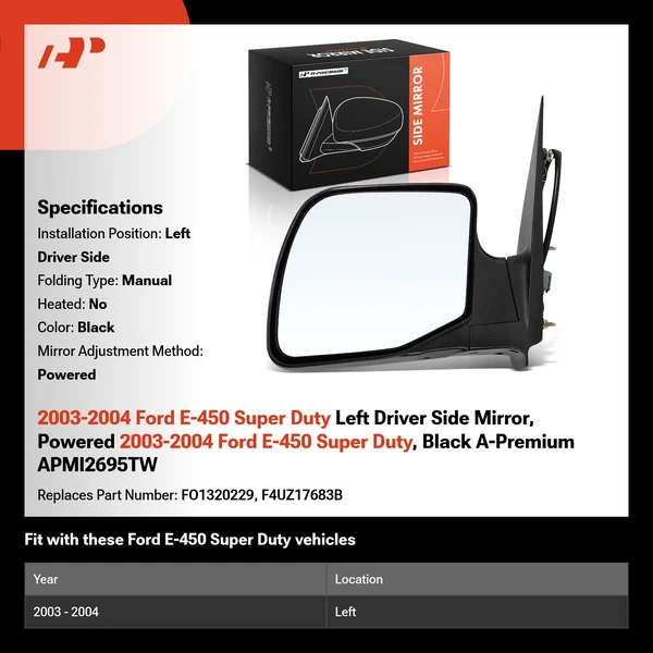 2003-2004 Ford E-450 Super Duty Left Driver Side Mirror, Powered 2003-2004 Ford E-450 Super Duty, Black A-Premium APMI2695TW