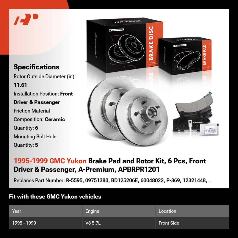 1995-1999 GMC Yukon Brake Pad and Rotor Kit, 6 Pcs, Front Driver & Passenger, A-Premium, APBRPR1201