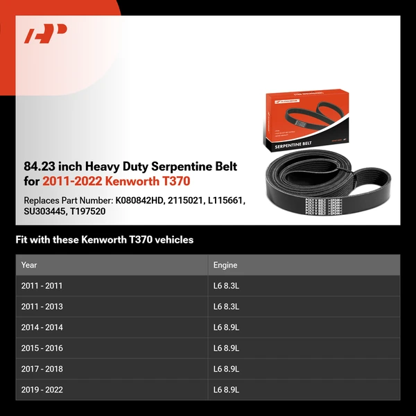 84.23 inch Heavy Duty Serpentine Belt for 2011-2022 Kenworth T370