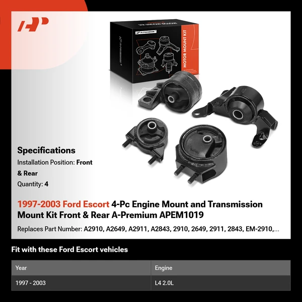 1997-2003 Ford Escort 4-Pc Engine Mount and Transmission Mount Kit Front & Rear A-Premium APEM1019