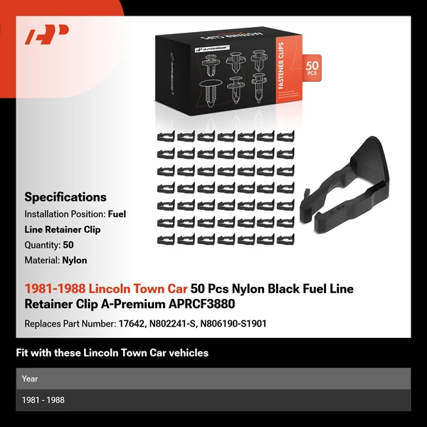 1981-1988 Lincoln Town Car 50 Pcs Nylon Black Fuel Line Retainer Clip A-Premium APRCF3880